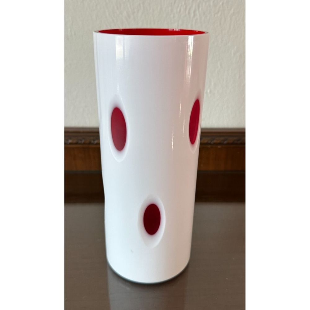 Mid Mod Bohemian Cased White Overlay Cut To Red Oval MCM Art Glass Vase‎ 8.5''